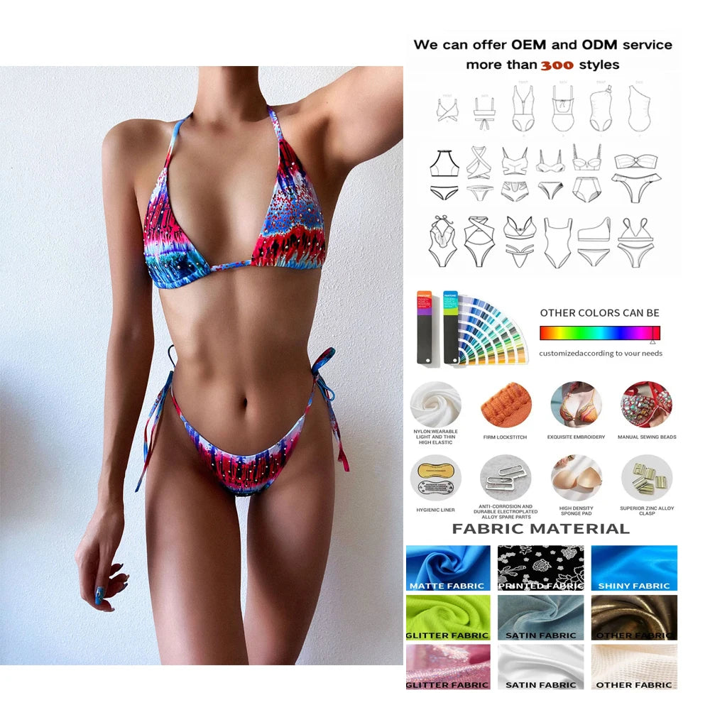 2025 New Wave Print Halter Bikini Set Diamond Detall Open Back Adjustable Tie-Side Swimwear