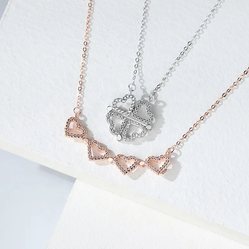 Fashion Jewelry 925 Sterling Silver Rose Gold Plated Magnetic Lucky 4 Hearts Four Leaf Clover Necklace