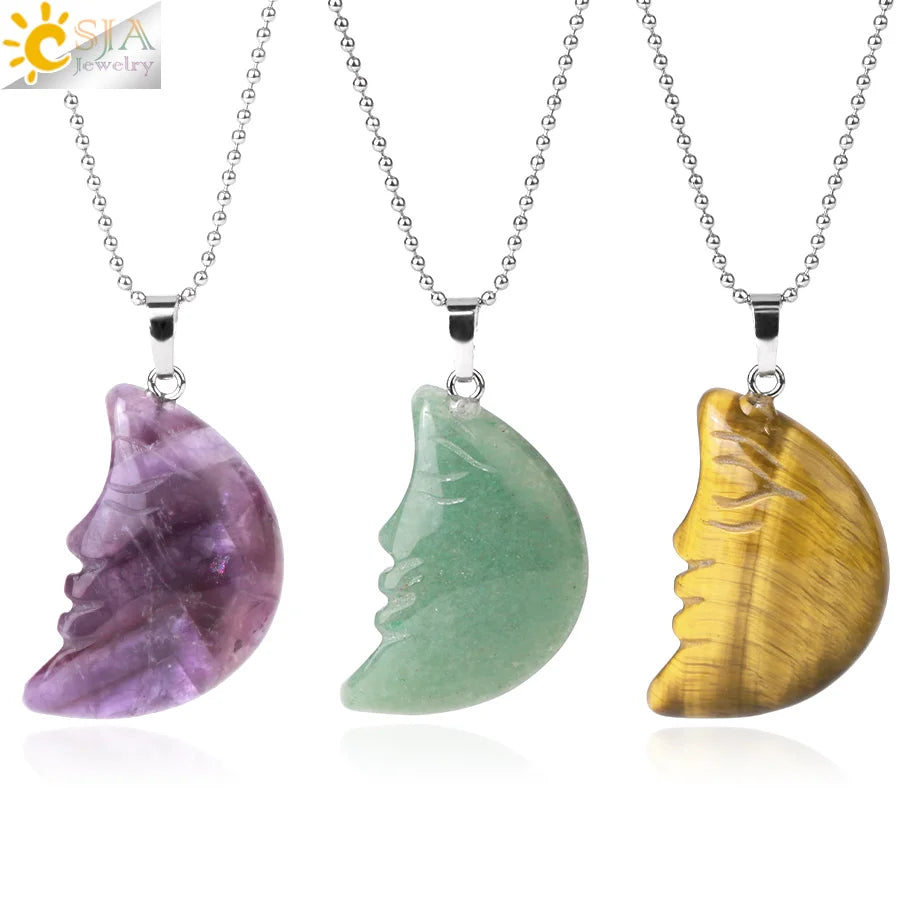 CSJA Wholesale Engaved Face Healing Natural Gemstone Rose Quartz Crystal Stone Moon Pendant Necklace H114
