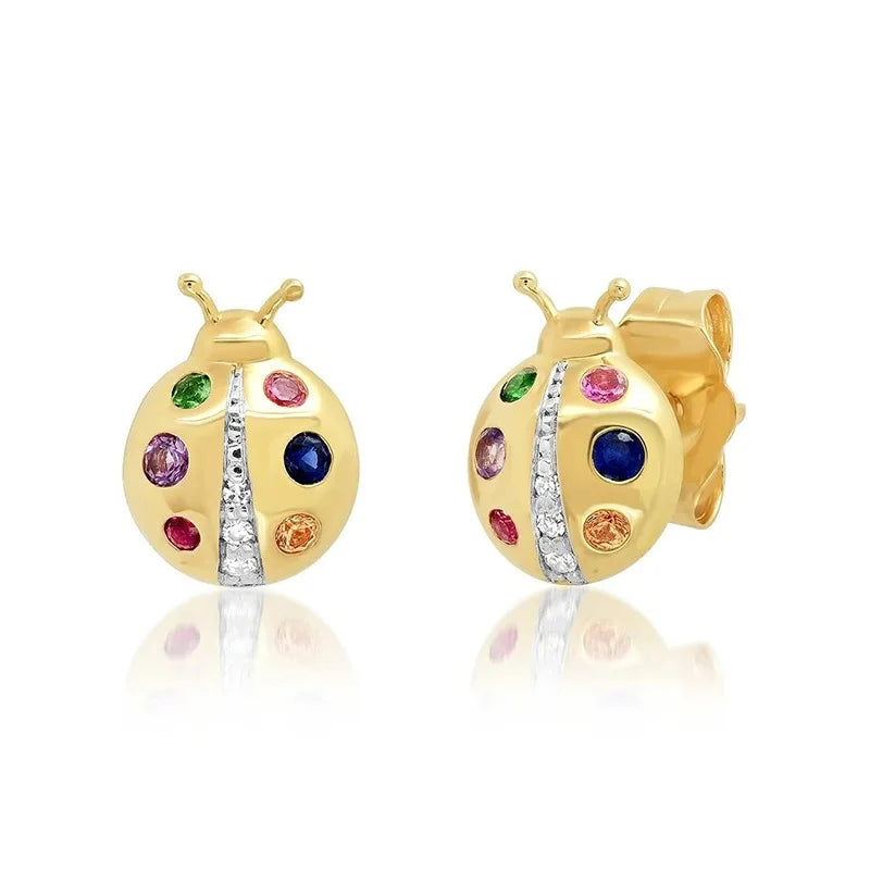Lovely 925 Sterling Silver Earrings Animal Colorful Crystals Ladybug Stud Earrings for Women Girls
