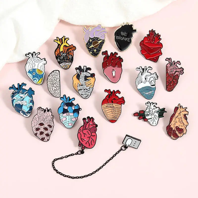 QIHE 19style Anatomical Heart Brooch Pins Medical Anatomy Brooch Heart Neurology Pins for Doctor and Nurse Bags Badge Lapel Pins