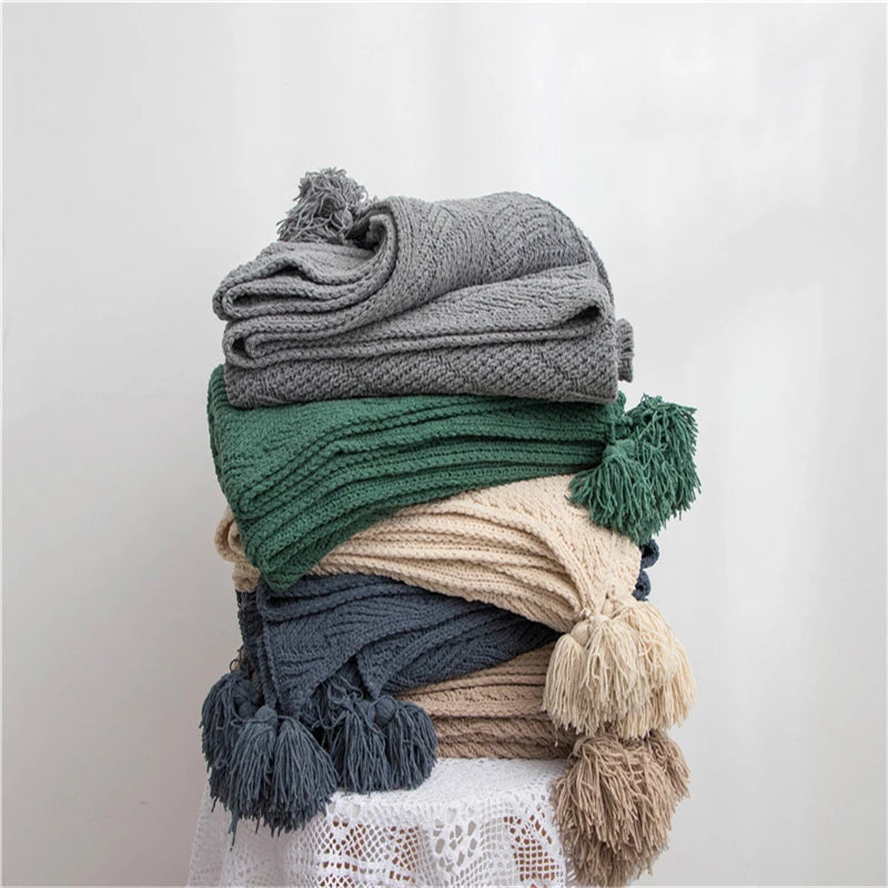 Fn Soft Warm Crochet Pom Pom Thick Knitted Throw Chenille Polyester Travel Blanket for Home Decoration  Marshtomp Plush