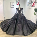 Jancember WM107 Glitter Black Ball Gown V-neck Long Sleeve Party Evening Dresses