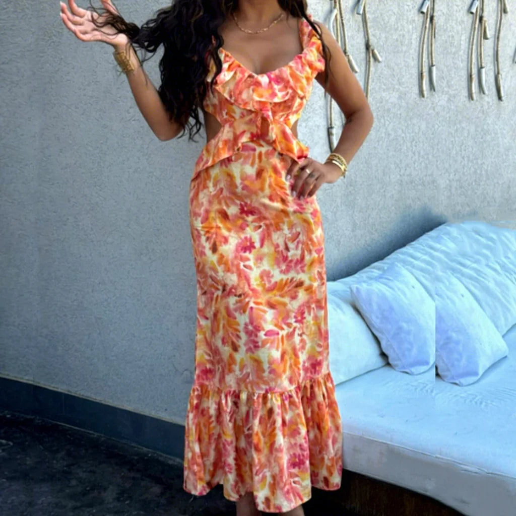 GX9526 Vintage Fashion Vacation Beach Long Dress Women Sleeveless V-Neck Sexy Ladies Elegant Maxi Casual Dresses