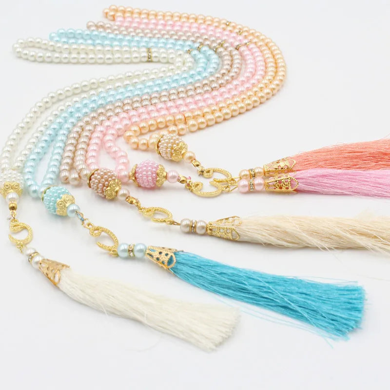Wholesale Tasbih Pearl Prayer Tasbeeh 99 Beads Tesbih Islamic Wedding Henna Eid Gift Ameen Mubarek Muslim Favors White Gold Blue