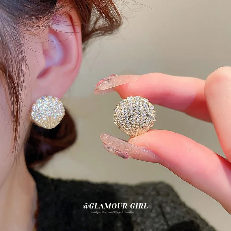 925 Silver Needle Korean Exquisite Zircon Micropaved Zirconia Shells Earrings Shiny Zircon Diamond Earring  Luxury Drop Earrings