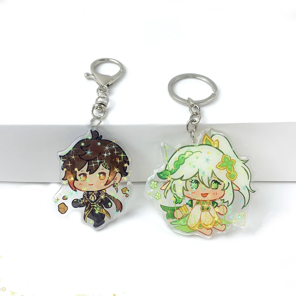 Promotional Glitter Holographic Custom Epoxy Acrylic Cartoon Anime Key Chain with Metal Key Chain Charm