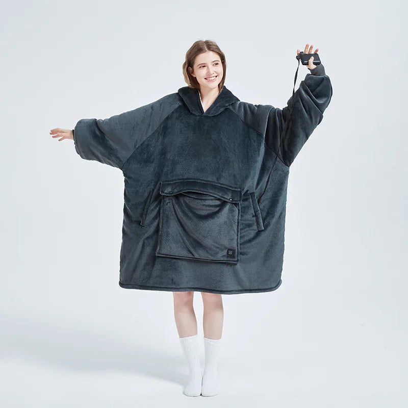 Custom Design Printed Wearable Oversized Winter Warm Heated Solid Color Hoodie Blanket Sweatshirt