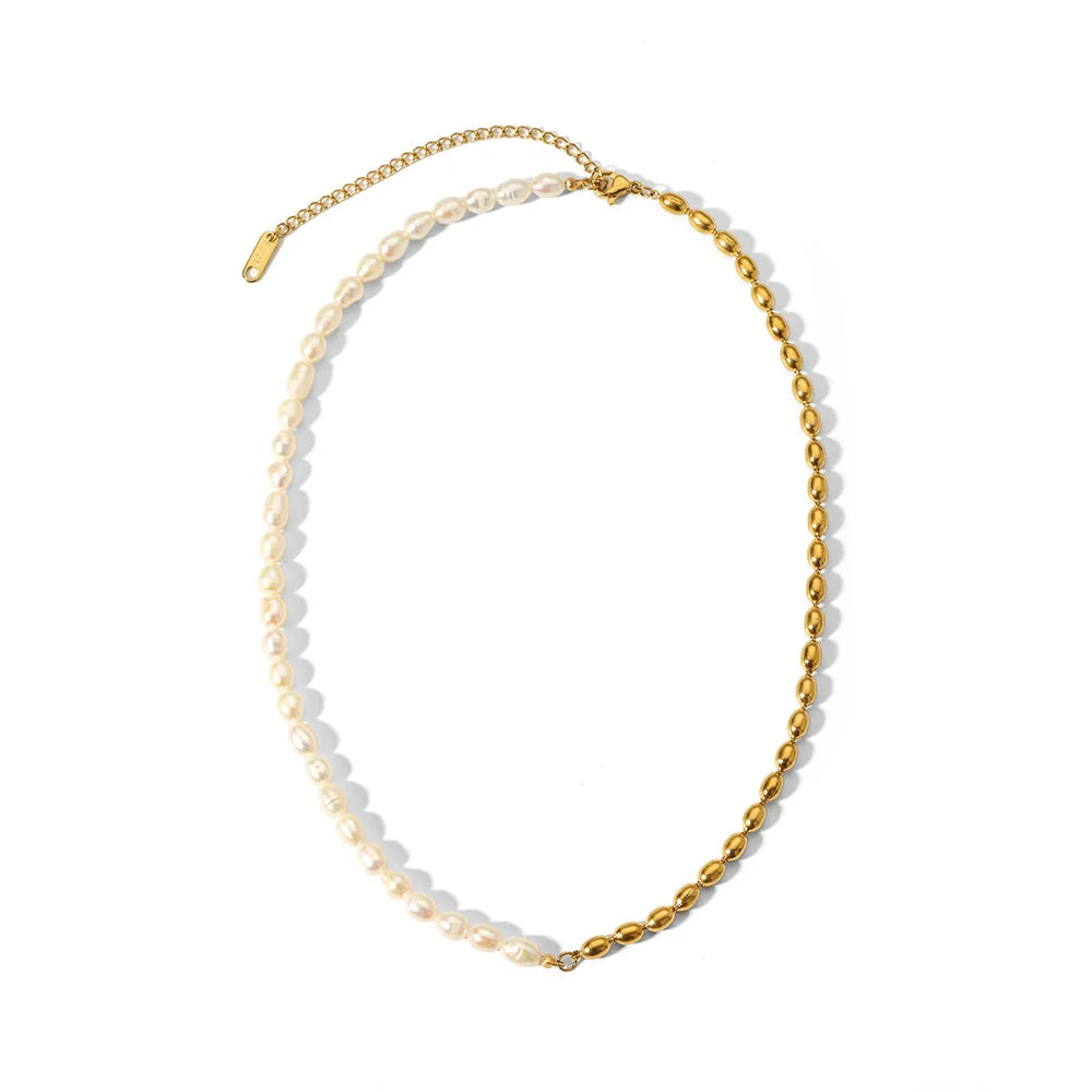 Luxury 18K Gold Plated Oval Stainless Steel Beads Dainty Necklace Mixed Freshwater Pearl Waterproof Necklaces for Women