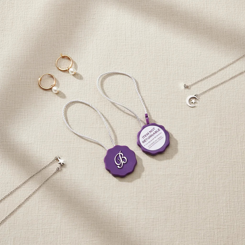 Customized Special Design Purple Round Plastic Seal Tag NOT RETURNABLE Watch Jewelry Security Price Tag With Sticker
