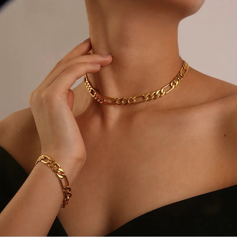 Custom 4mm 6mm 8mm 10mm Waterproof Jewelry Women Stainless Steel 14K Gold Plated 3:1 NK Figaro Chain Choker Necklace Bracelet