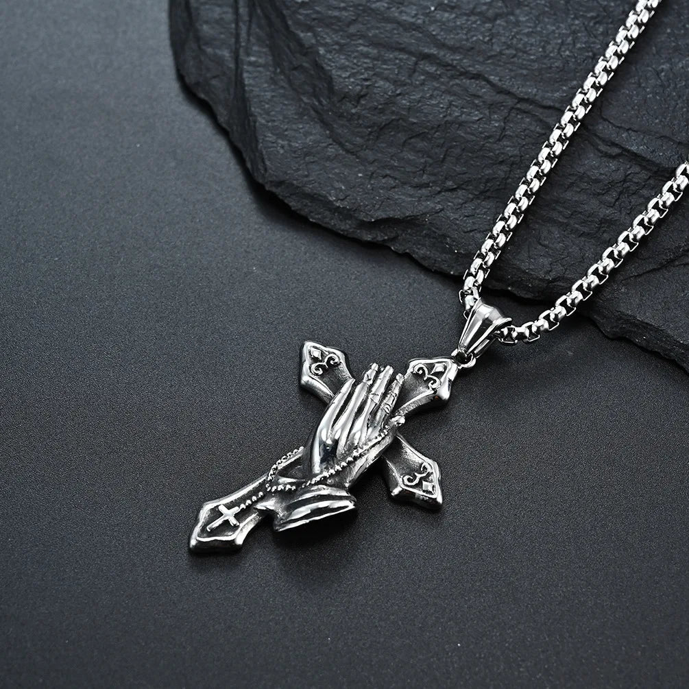 Erkek Kolye Moge Faith Jewelry Vintage Fashion Praying Hands Pendant Stainless Steel Cross Bless Necklace Men