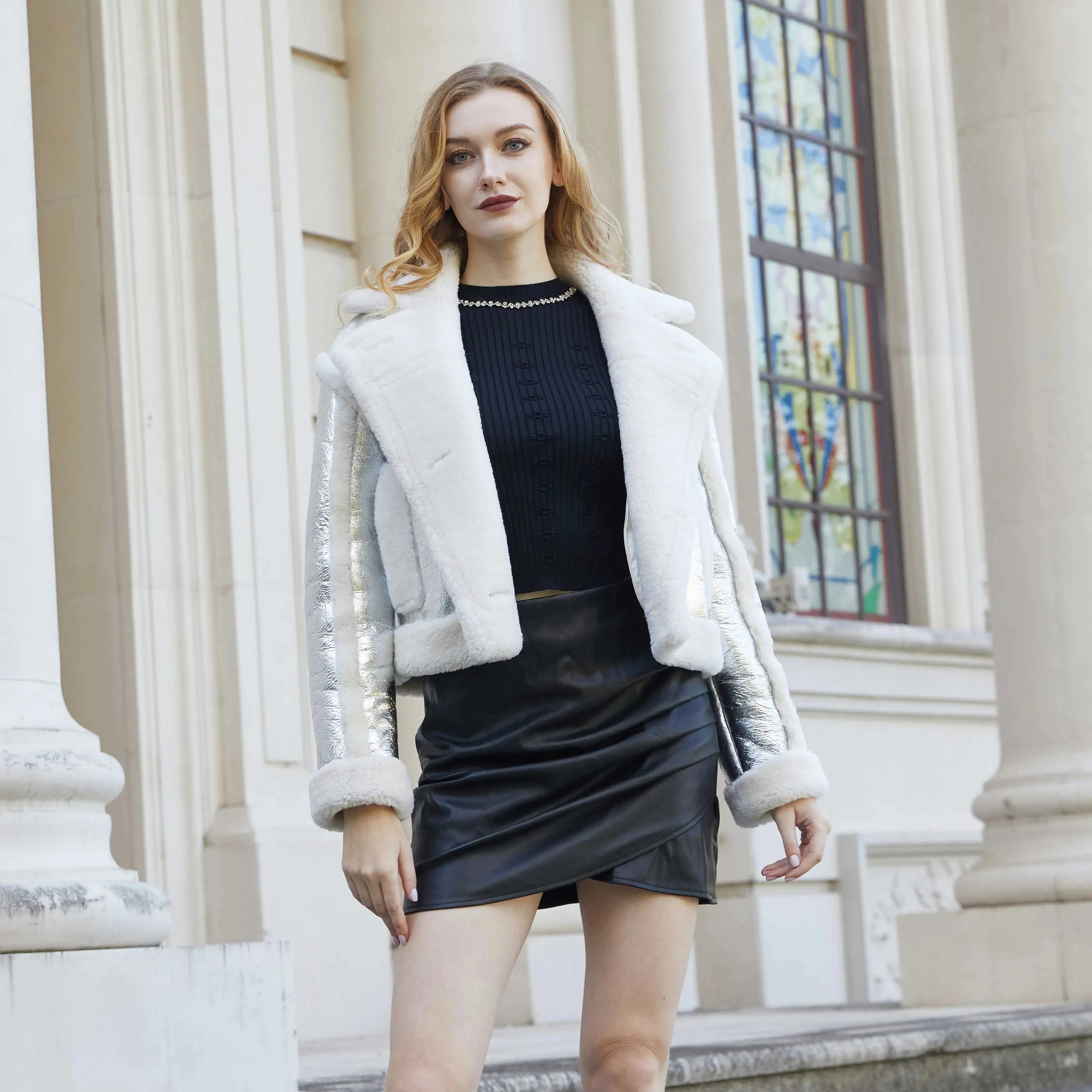 Janefur Light Weight Warm Winter Luxury Genuine Lamb Fur Women Shiny Real Shearling Jacket