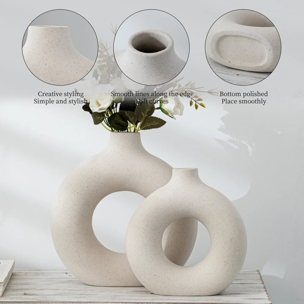 Handmade Simple Vintage Nordic Hollow Donut Vase Circle Ceramic Art Vase Dried Flower Vase