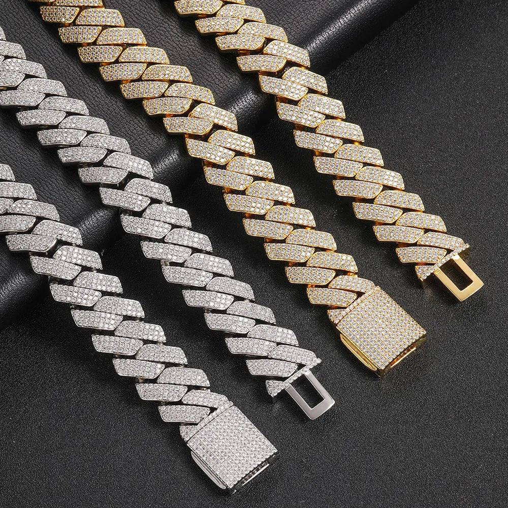 Rolling Stone Hip Hop Jewelry Silver Plated Brass Cuban Link Necklace 10/12/15/20mm Chains Men AAAAA+ Iced Zircon Prong Fast MegaBDM