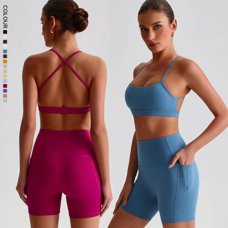 SHINBENE Hi Cloud Women's High Waist Biker Shorts and Bras Yoga Workout Set Wholesale Sports Gym Fitness Sets