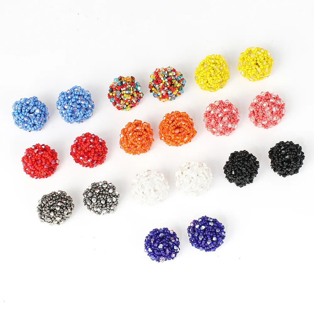 Crystal Seed Beads Cluster Stud Earrings  Colorful Handmade Beads Beaded Ball Sharp Stud Earring