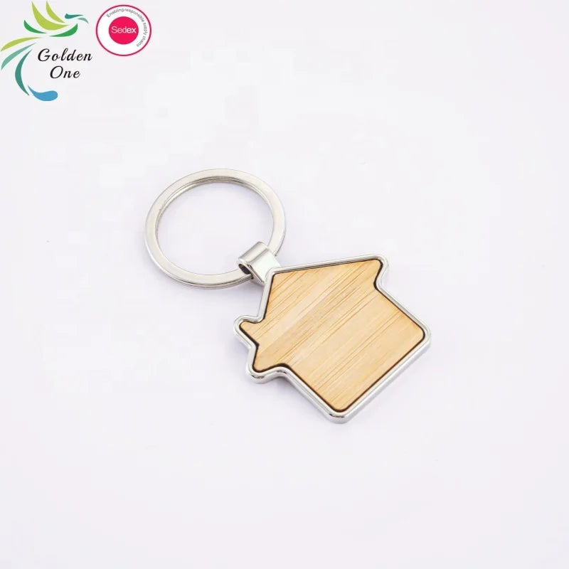 Hot Sale Personalized Accessories Creative Wooden House Shape Laser Engraved Oem Fashionable Wooden Metal Keychain