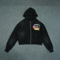 High Quality Applique Patch Heavy 500gsm Vintage Distressed French Terry Oversized Men Acid Wash Zip up Hoodie Wholesale