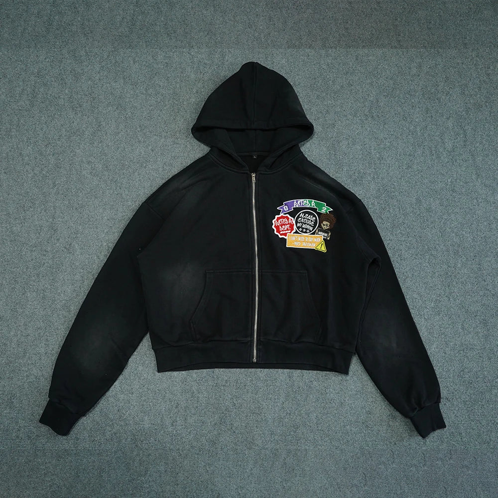 High Quality Applique Patch Heavy 500gsm Vintage Distressed French Terry Oversized Men Acid Wash Zip up Hoodie Wholesale