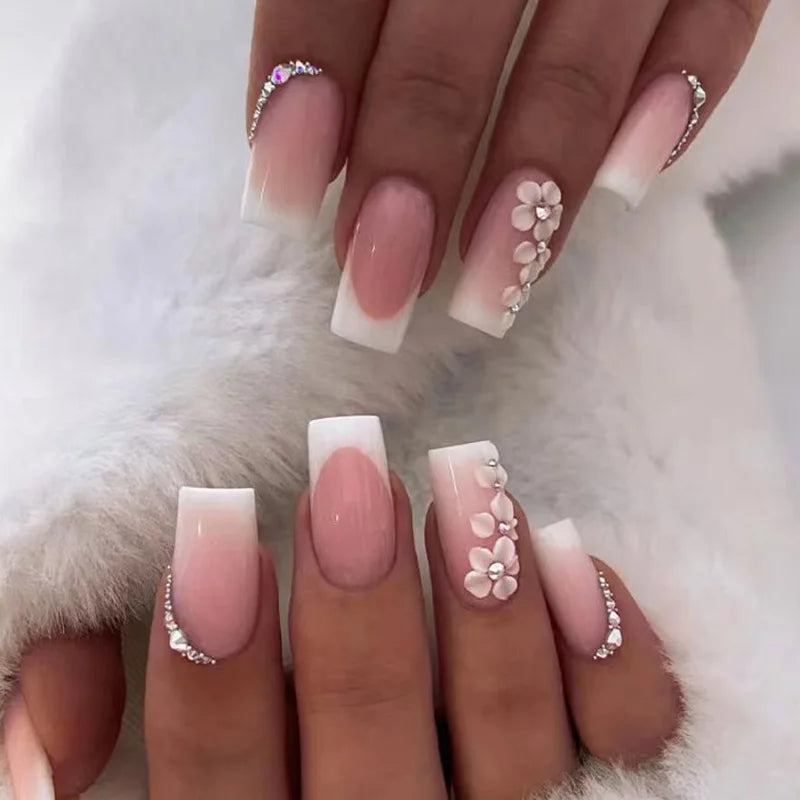 Popular French Medium Length square Gradient pink Flower Press on Nails Fake False Nail Artificial Supplies