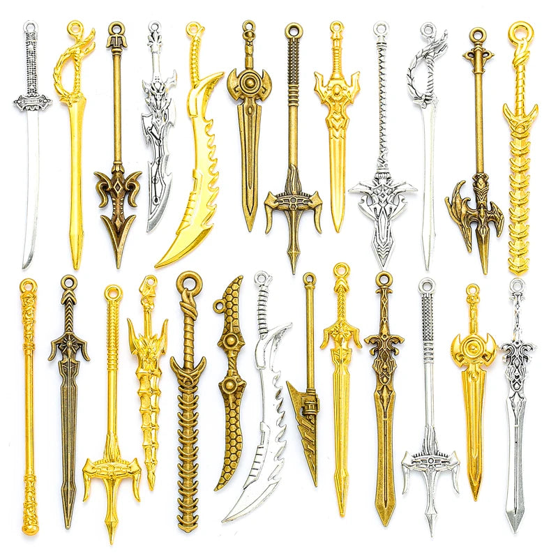 20pcs/set 3 Colors Mixed Styles Alloy Charms Animation Game Knight weapon Pendant for DIY Handmade Jewelry Material