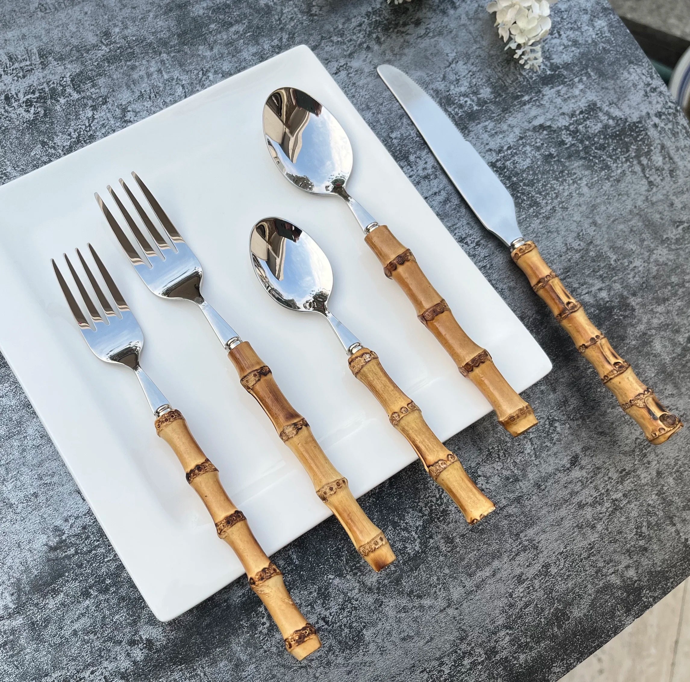 Stainless Steel 18/10 304 Mirror Polished Luxury Oriental Bamboo Wedding Cutlery Set Stocked for Business Gifts