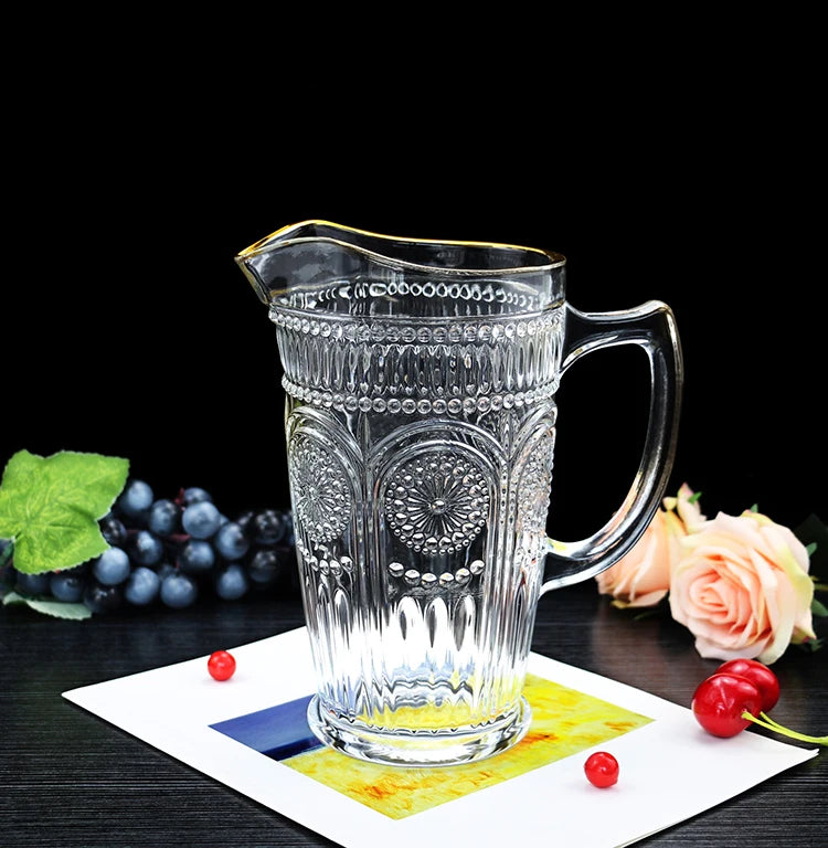 Machine Made Sunflower Design Glass Jug Clear Vintage Glass Goblets Water Pitcher With Gold Rim Water Carafe for Home Restaurant