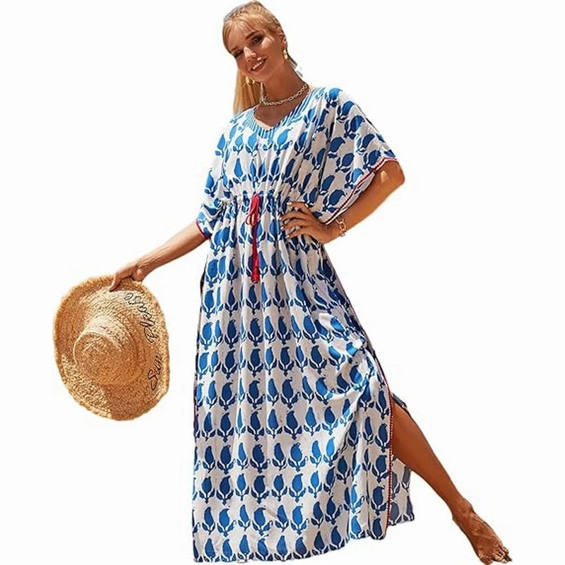 Women Geometric Print Kaftan Dresses Caftans Loungewear Soft House Rayon Beach Cover up Dress