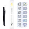 Plastic 12-Grid 3D Crystal Dotting Wax Pen Glitter Nail Art Rhinestones Double Head Nail Dotting Drill Crayon Salon Set Tweezer