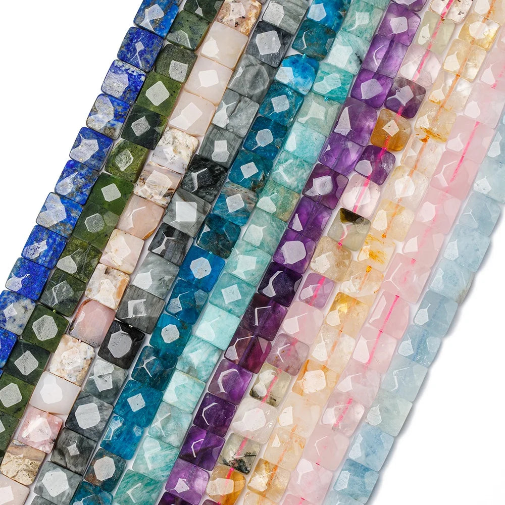 8x8mm Natural Stone Faceted Square Shape Aquamarine Citrine Amethyst Rose Quartz Tiger Eye Loose Spacer Beads for Jewelry Making