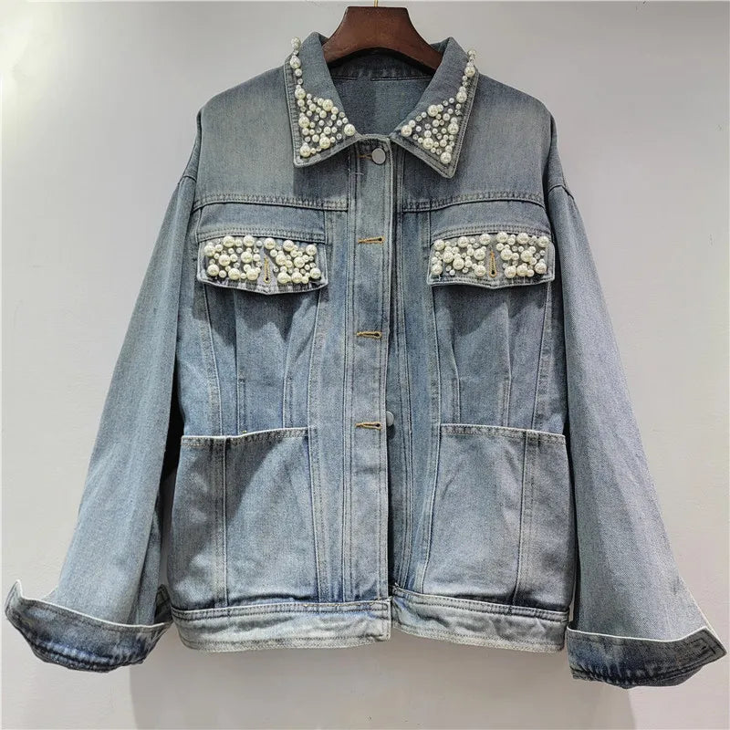 Boutique Wholesale 2025 Spring New Fashionable Lapel Nail Drill Versatile Short Denim Women's Jacket