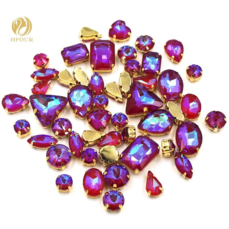 HFOUR Hot Selling Red AB Mocha Fluorescence 3D Glass Loose Flatback Mixed Shape Sew-on Non Hot Fix 12 Facets Rhinestones for