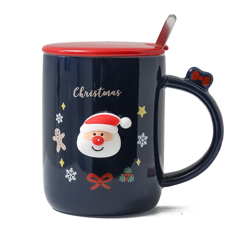 Nordic Style Christmas Cartoon Ceramic Cup Creative Cute Water Tea Office Coffee Mug Gift Cup with Lid Spoon