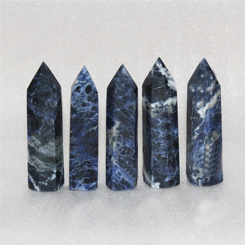 Natural Sodalite Points Wand Carved Faceted Tower Prism for Reiki Healing Polished Chakra Stone