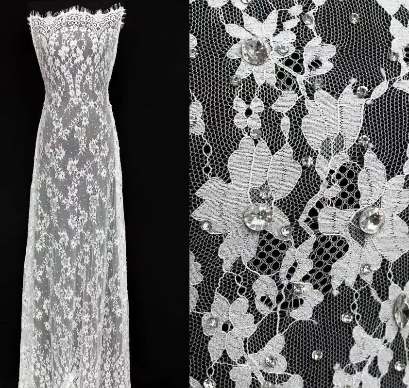 Beaded Tulle Shimmering Crystals on a White Tulle Sequins Textile
