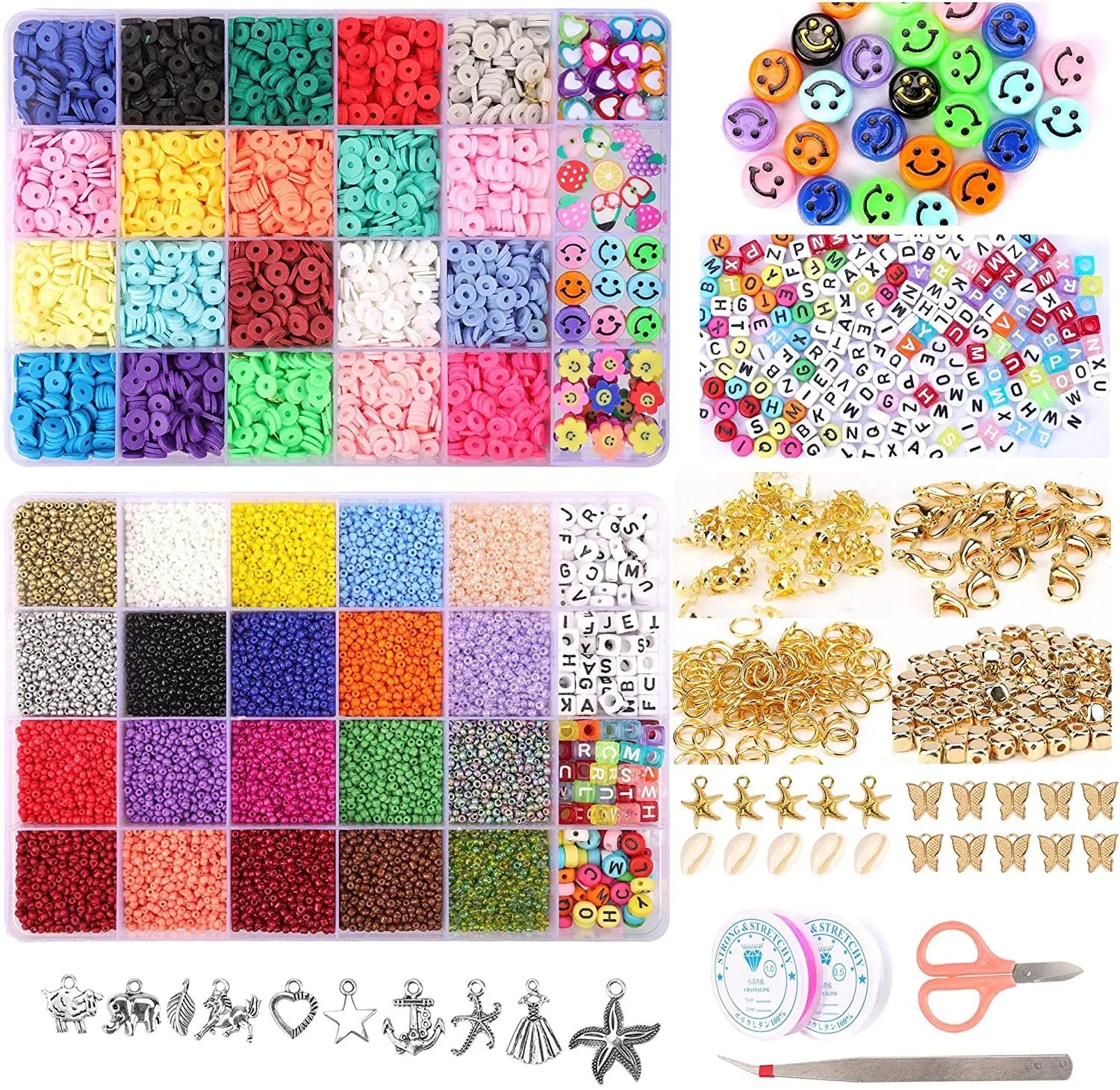 24 Grids and 6mm Polymer Clay Bead Various Color Custom Handmade DIY Beaded Set Box for Girls