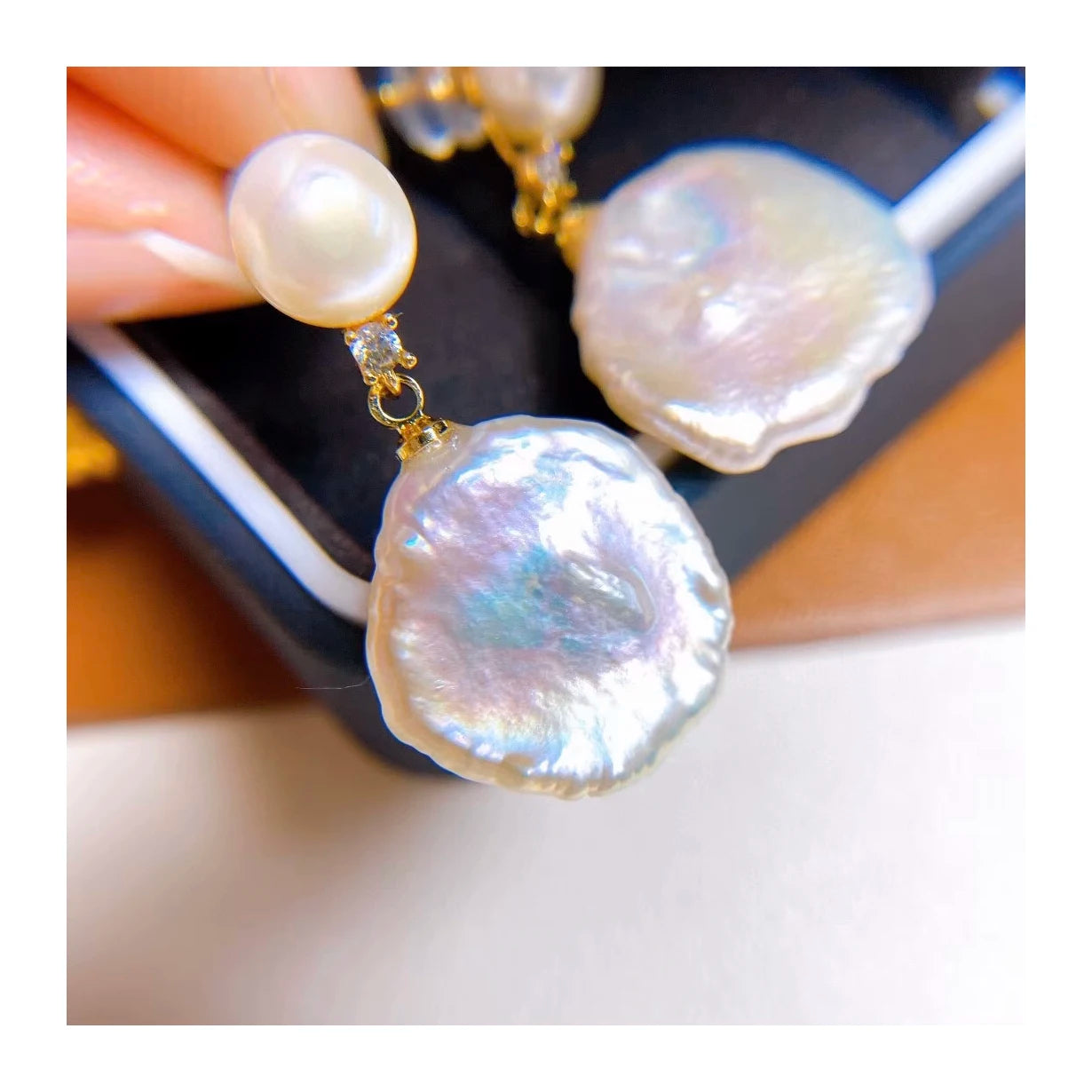 French Vintage Style 14K Gold Plated Zirconia Jewelry White Round Freshwater Pearl Baroque Drop Pearl Earrings