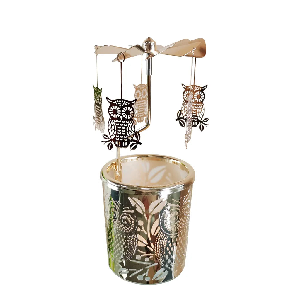 Custom Carousel Candle Rotating Windmill Tea Light Candlestick Spinning Candleholder Gold Owl Rotary Candle Holder