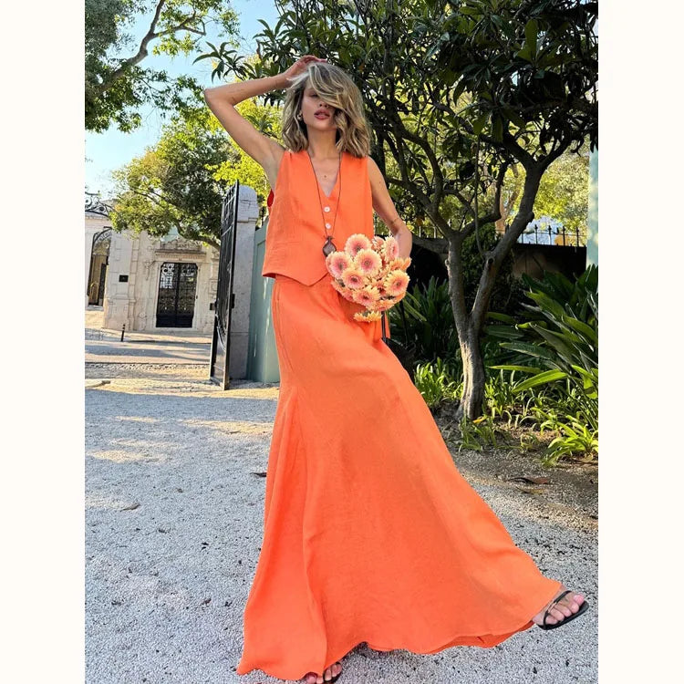 Sleeveless V Neck Vest Wholesale Pure Color Long Skirt Custom logo Loose Women Suit Factory Directly