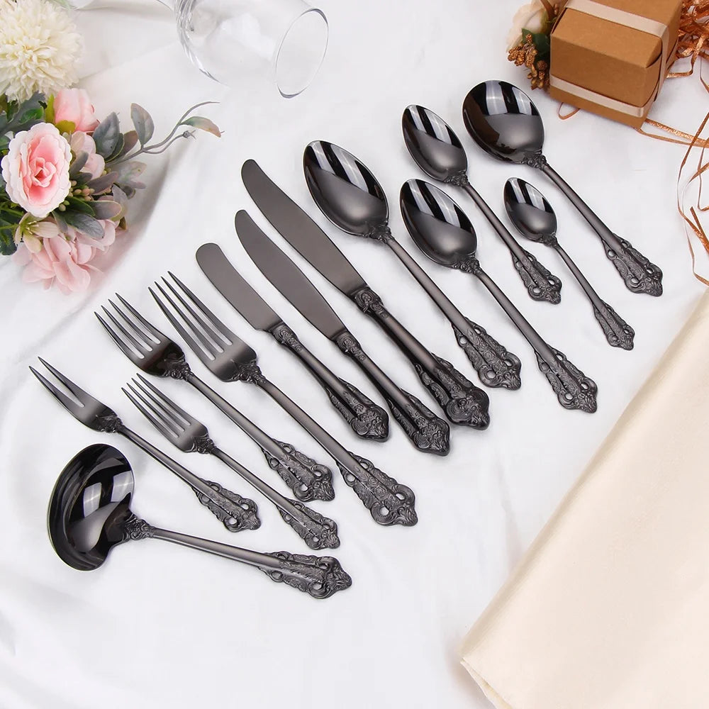 Black Vintage 304 Flatware Embossment Silverware Stainless Steel Heavy Tableware Antique Luxurious  Cutlery Set