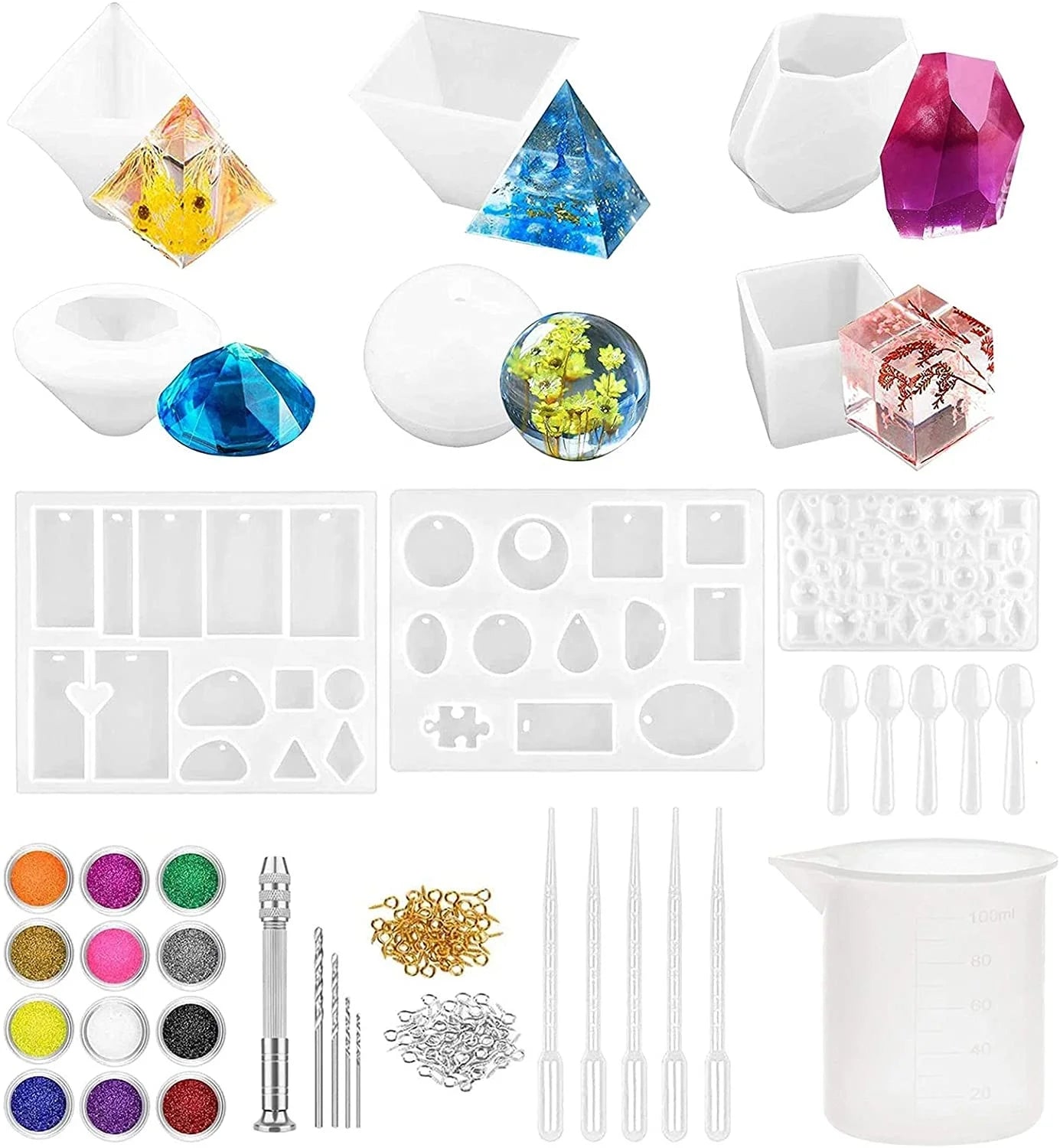 Silicone Resin Molds 5Pcs Resin Casting Molds Including Sphere Cube Pyramid Square Round for Resin Epoxy Candle Wax Soap