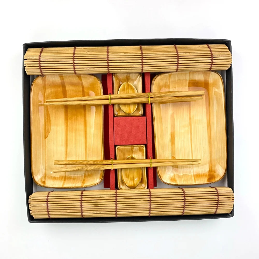 Factory Wholesale Eco-Friendly Sushi Tableware Set Orange Ceramic Plate Dish Chopsticks Bamboo Placemat for Travel