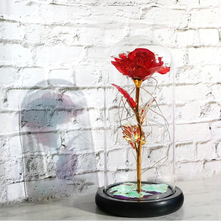Valentine's Day Mother's Day Christmas LED 24k Gold Foil Rose Artificial Flower in Glass Dome Gift