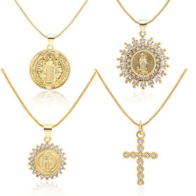 Faith Unisex Gold Plated Snake Chain Jewelry Madonna Cross Eye Necklace Shiny Religious Zircon Pendant Necklace Gifts for Women