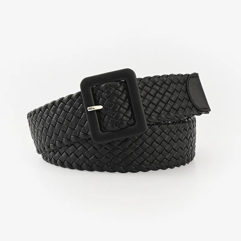 Fashion Multi Color Belt Sweet Decorative square Buckle Belt Women Monochrome Woven Wide Belt