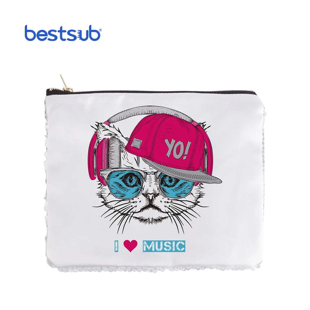 BestSub Sublimation Blanks Sequin Drawstring Makeup Cosmetic Bag Pencil Case White and Silver