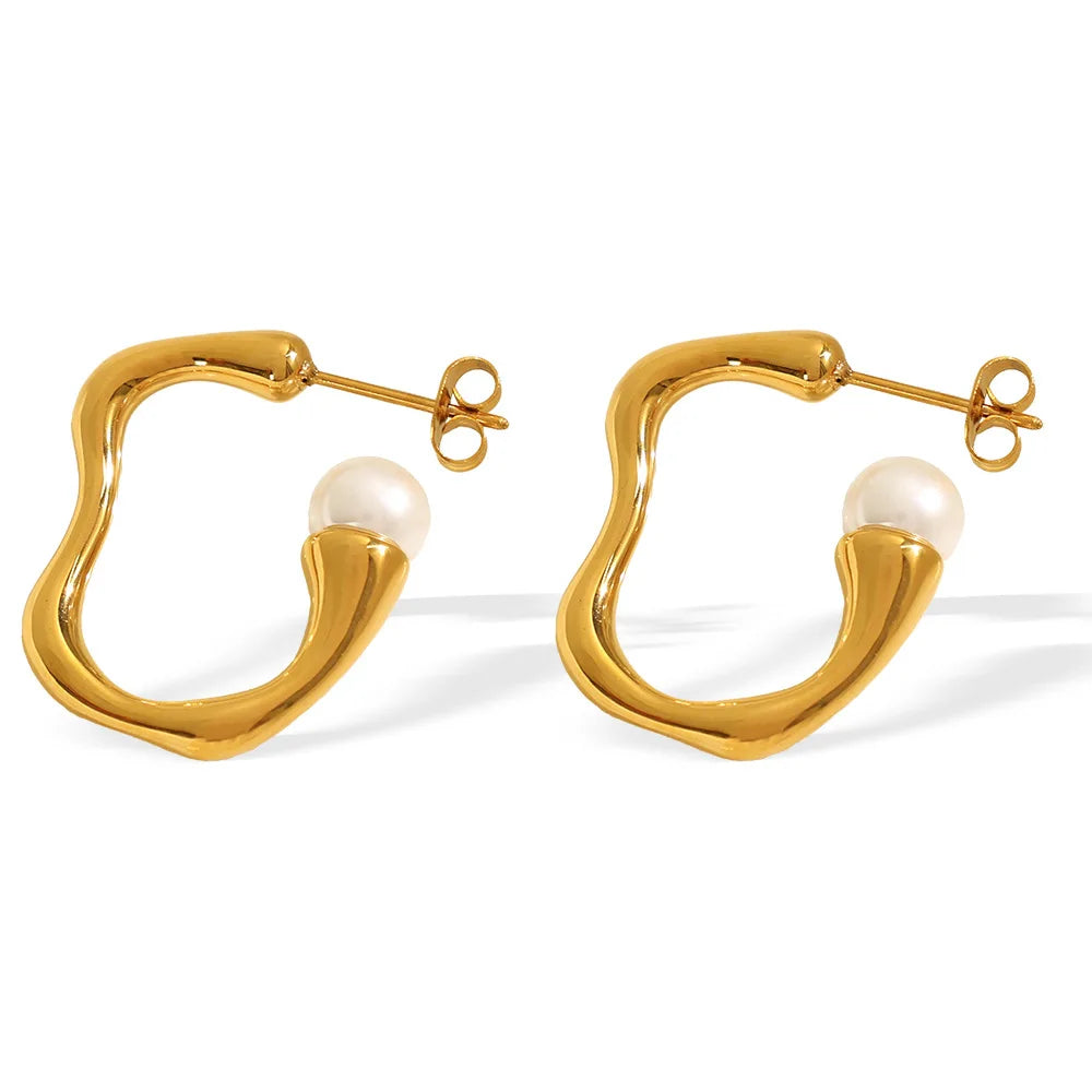 Fashion Personality Irregular Wave C Shaped Earrings Titanium Steel 18K Niche Design Shell Pearl Earrings for Women Waterproof