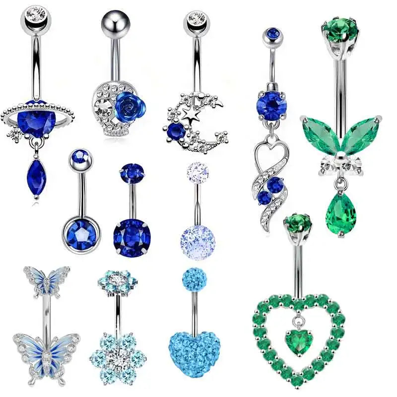Wholesales Dangle Blue Belly Rings 14G Planet Navel Piercing Barbell Jewelry Heart Belly Jewelry Cute Body Piercing Ombligo