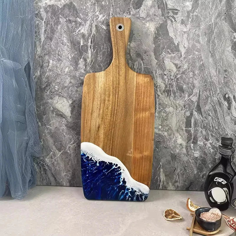 New MIDAS Brand Eco-Friendly Food Contact Safe Epoxy Resin Alaskan Acacia Wood Ocean Beach Cheese Board Art Chopping Board